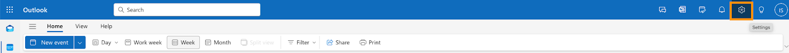 Screenshot of the Settings gear icon highlighted in the Outlook web app
