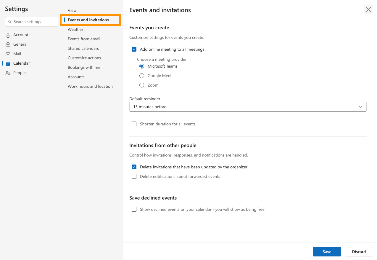 Screenshot of the Events and invitations tab highlighted in the new event settings in Outlook