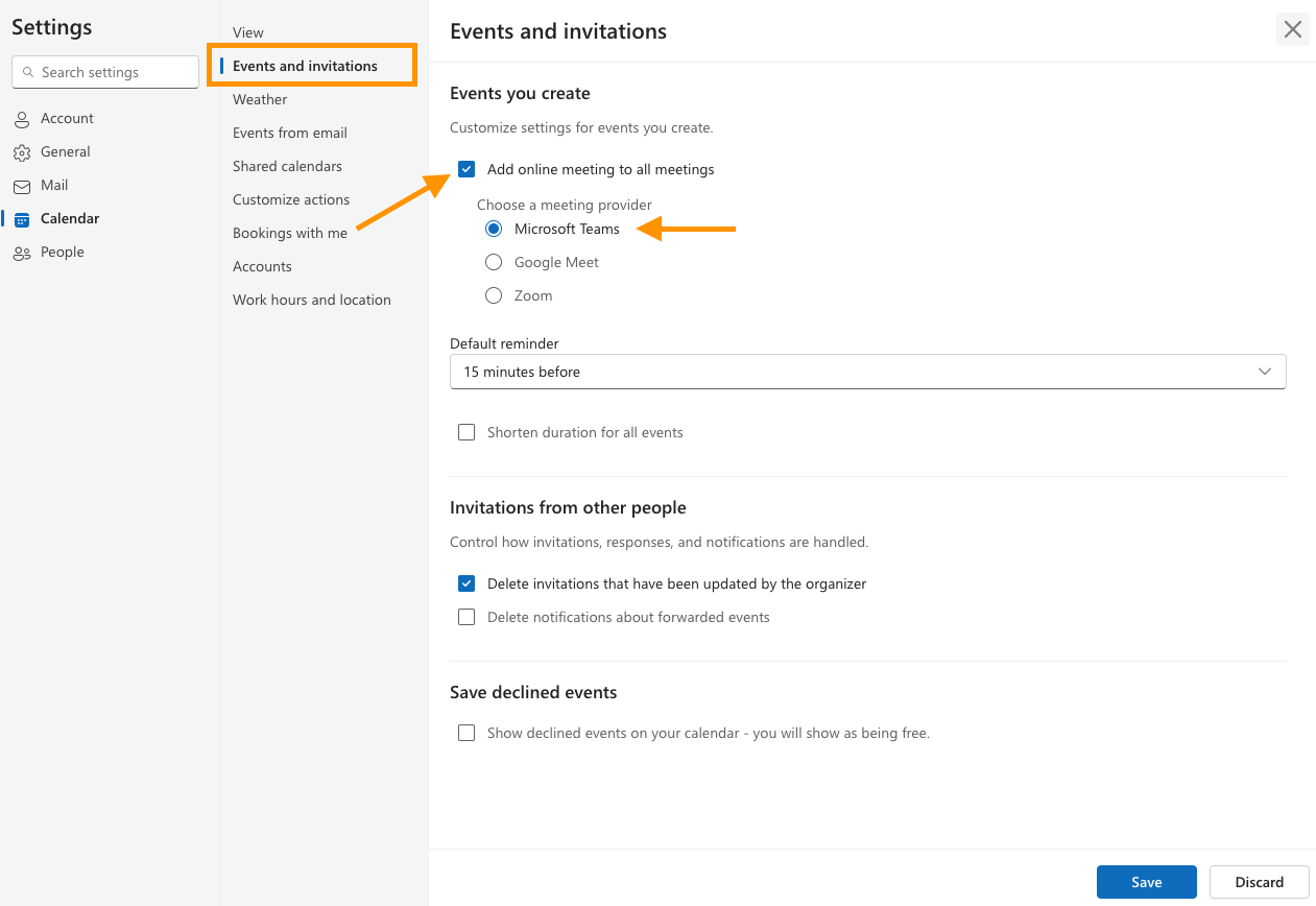 Screenshot of the Events and invitations tab in a new Outlook event, with the option to add online meeting provider selected and Microsoft Teams selected as the provider