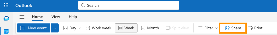 Screenshot of Outlook calendar web app with the Share button highlighted