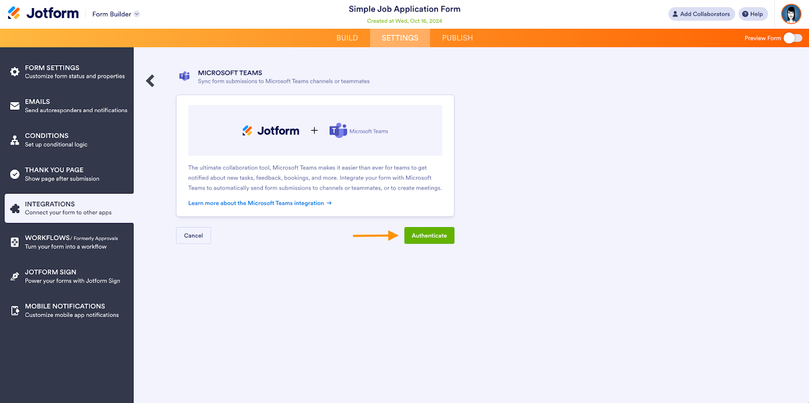 Screenshot of the Jotform integration screen with Authenticate button highlighted