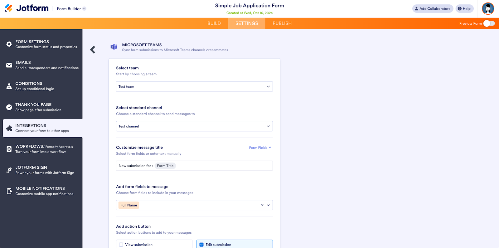 Screenshot of the Integration screen in Jotform showing the options for setting up the integration with Microsoft Teams