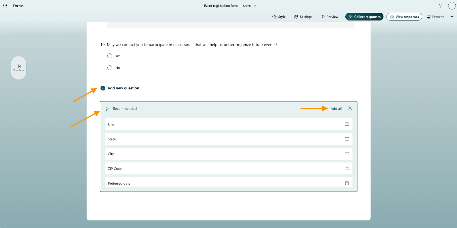 Screenshot of a Microsoft Form with the Add new question button highlighted recommended fields option expanded