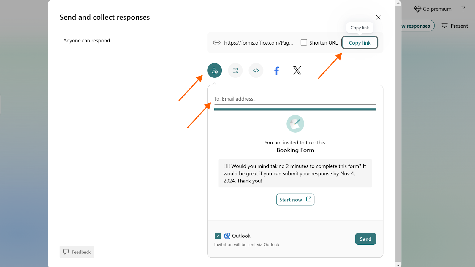 Screenshot of Microsoft Forms on the "Send and collect responses" menu, with arrows pointing to the different sharing options