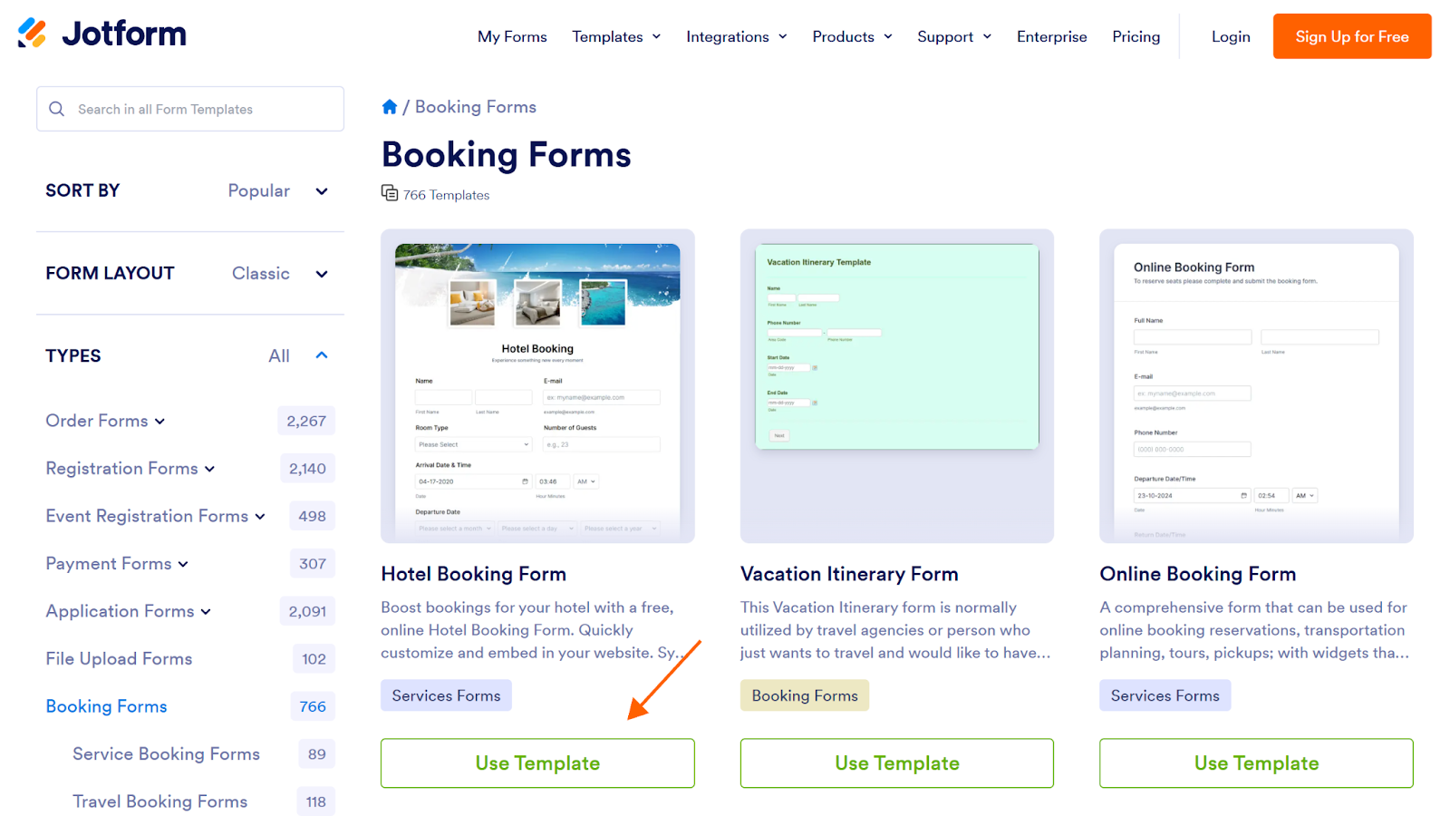 Screenshot of the Jotform Booking Forms template page, with an arrow pointing to the "Use Template" button