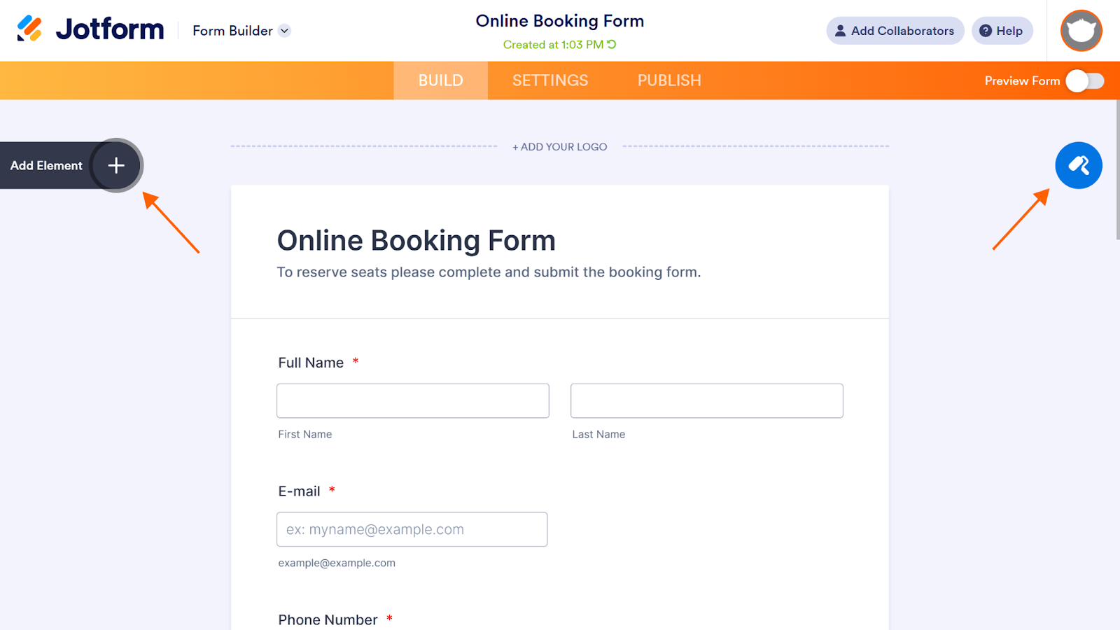 Screenshot of the Jotform Form Builder, with arrows pointing to the "Add Element" and "Form Designer" buttons