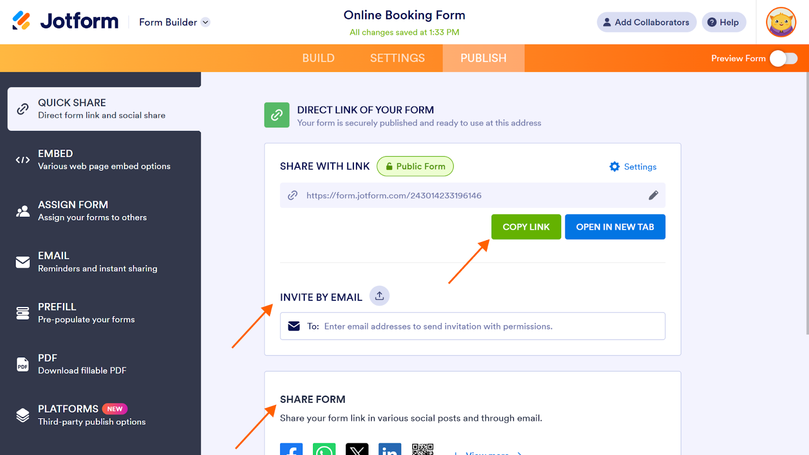 Screenshot of the Publish page on the Jotform Form Builder with arrows pointing to the "copy link," "invite by email," and "share form" options