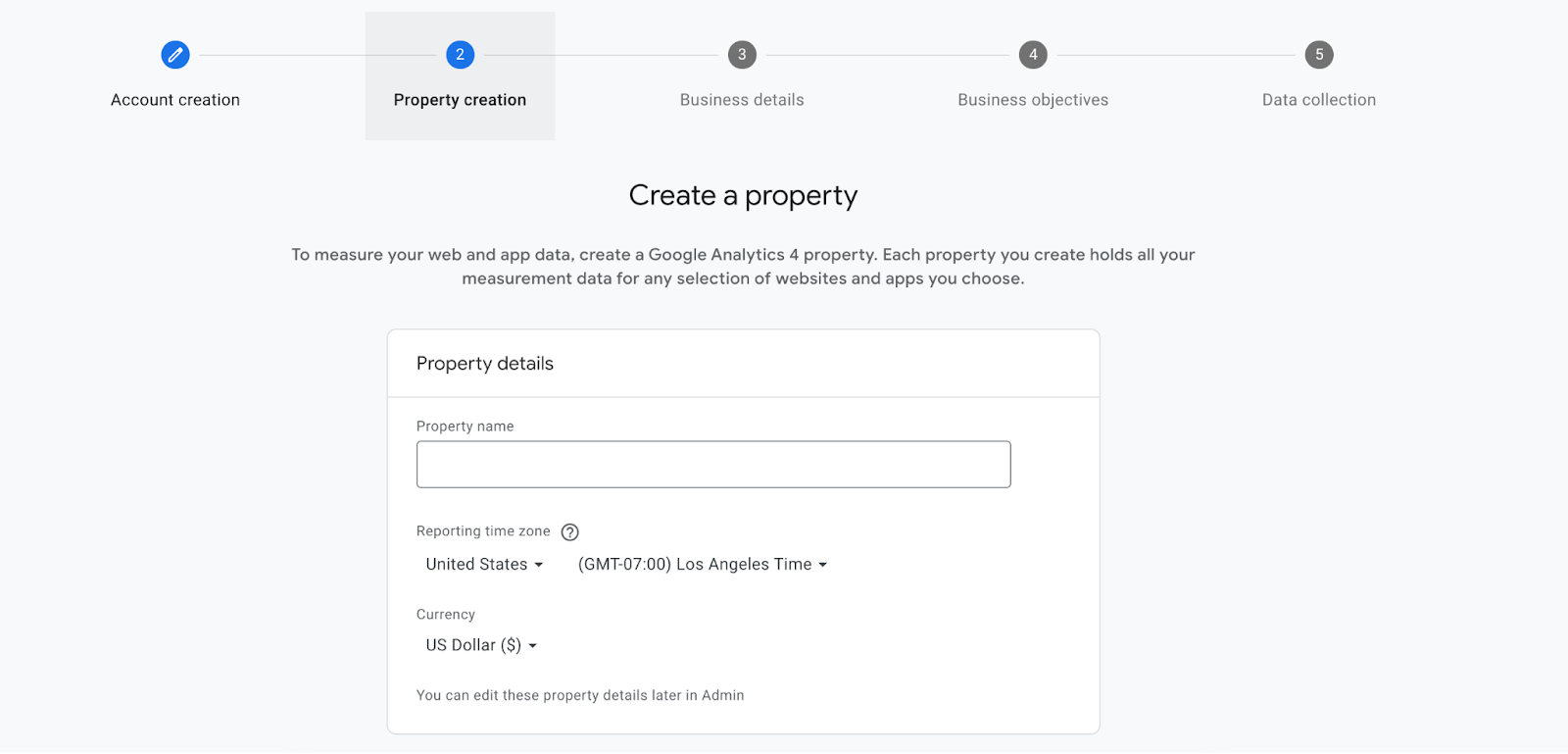 A screenshot of the Property creation menu in the Google Analytics setup page