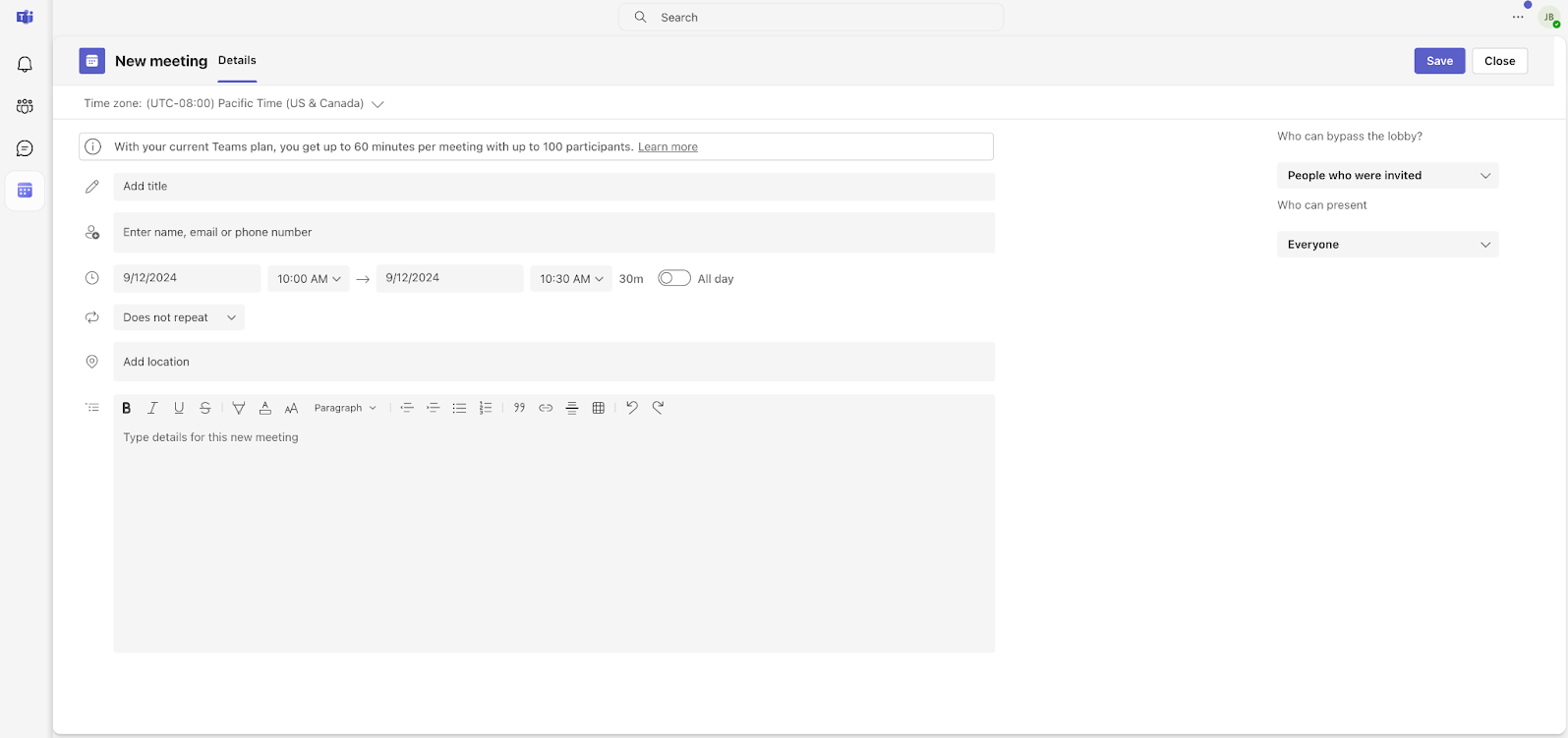 Screenshot of the meeting detail screen in Microsoft Teams