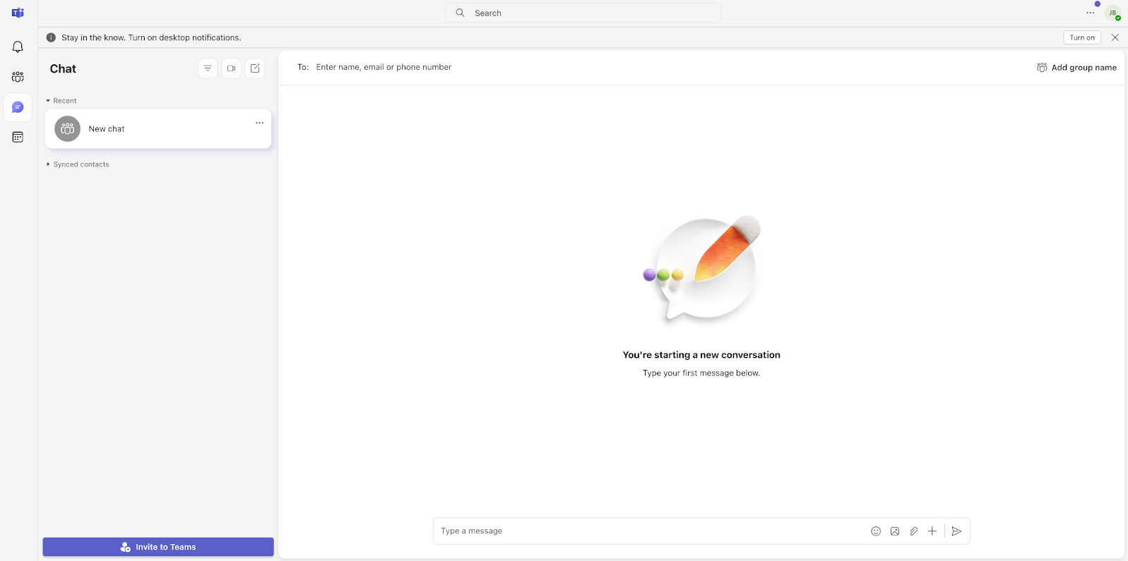 Screenshot of the Chat screen in Microsoft Teams