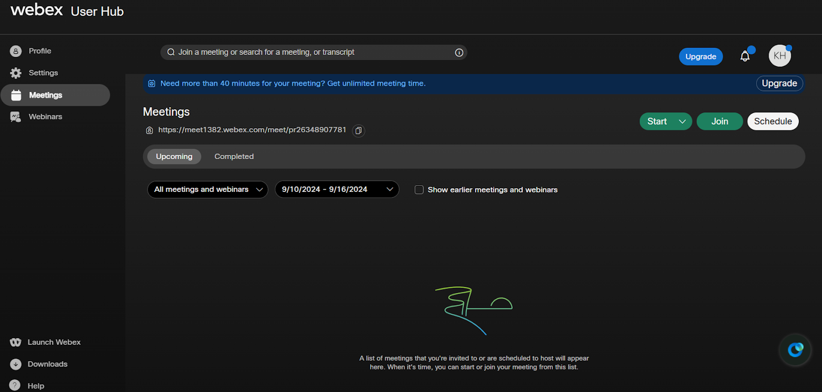 Screenshot of Webex User Hub with the Meetings tab selected