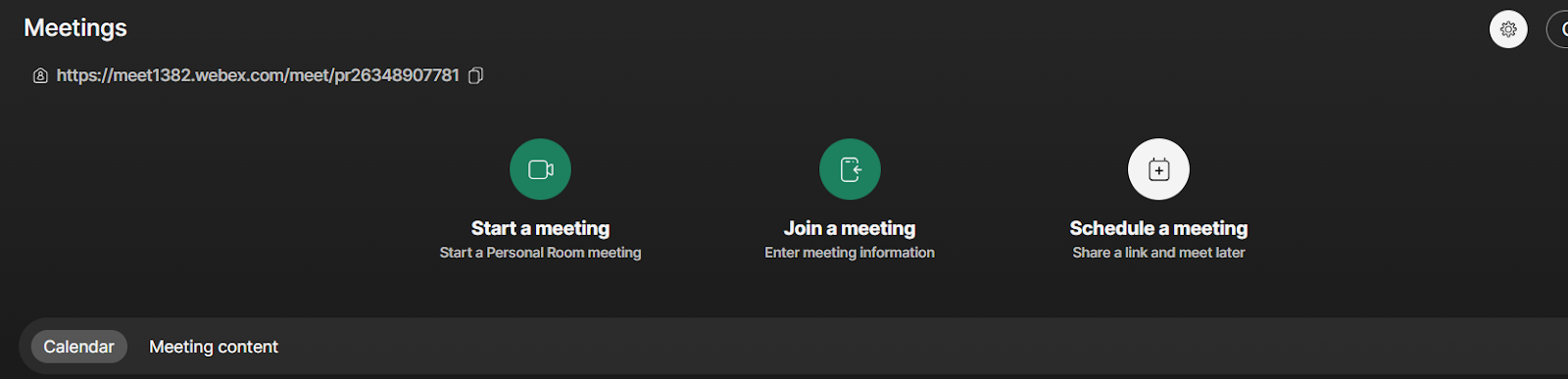 Screenshot of the options for starting a meeting in Webex: Start a meeting, Join a meeting, and Schedule a meeting
