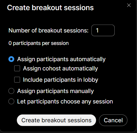 Screenshot of the dialog box in Webex for creating breakout sessions, with the option to set the number of breakout sessions