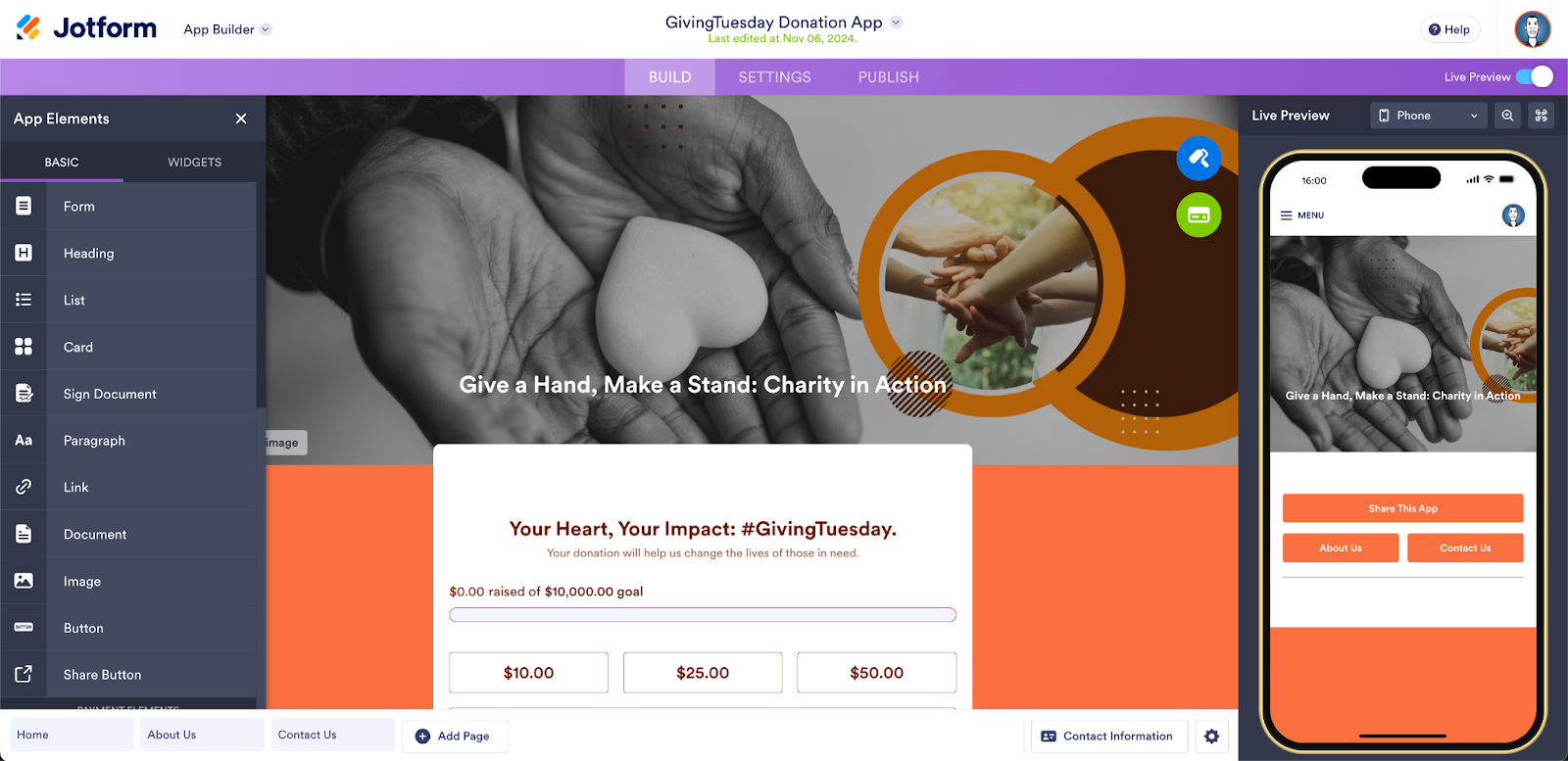 Viewing GivingTuesday Donation App on Jotform App Builder