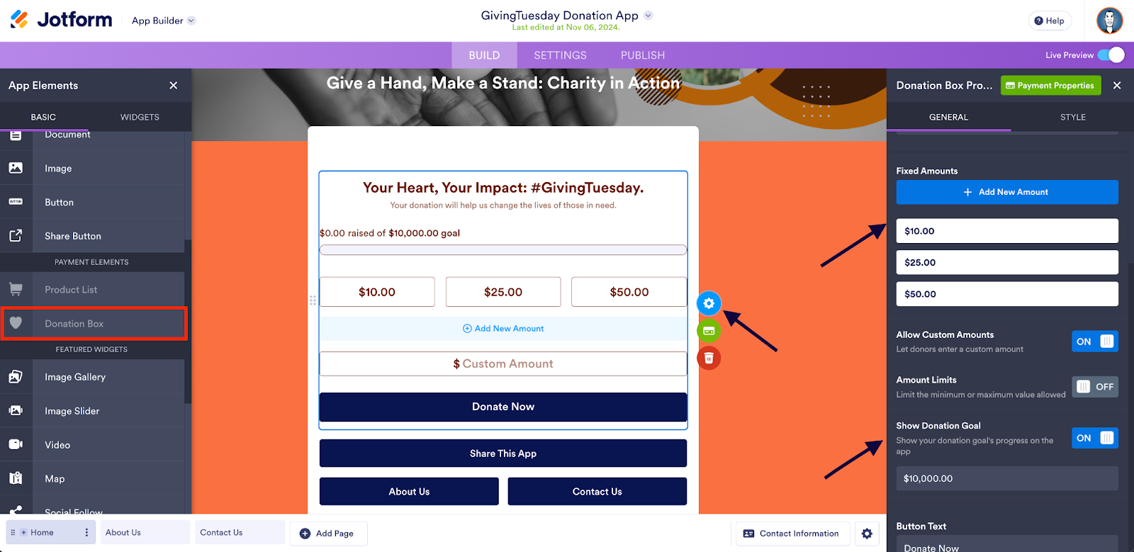 Clicking on the Donation Box Element on Jotform App Builder