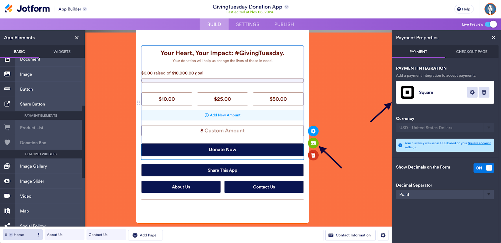 Opening Payment Properties and Clicking on the Square Integration on Jotform App Builder