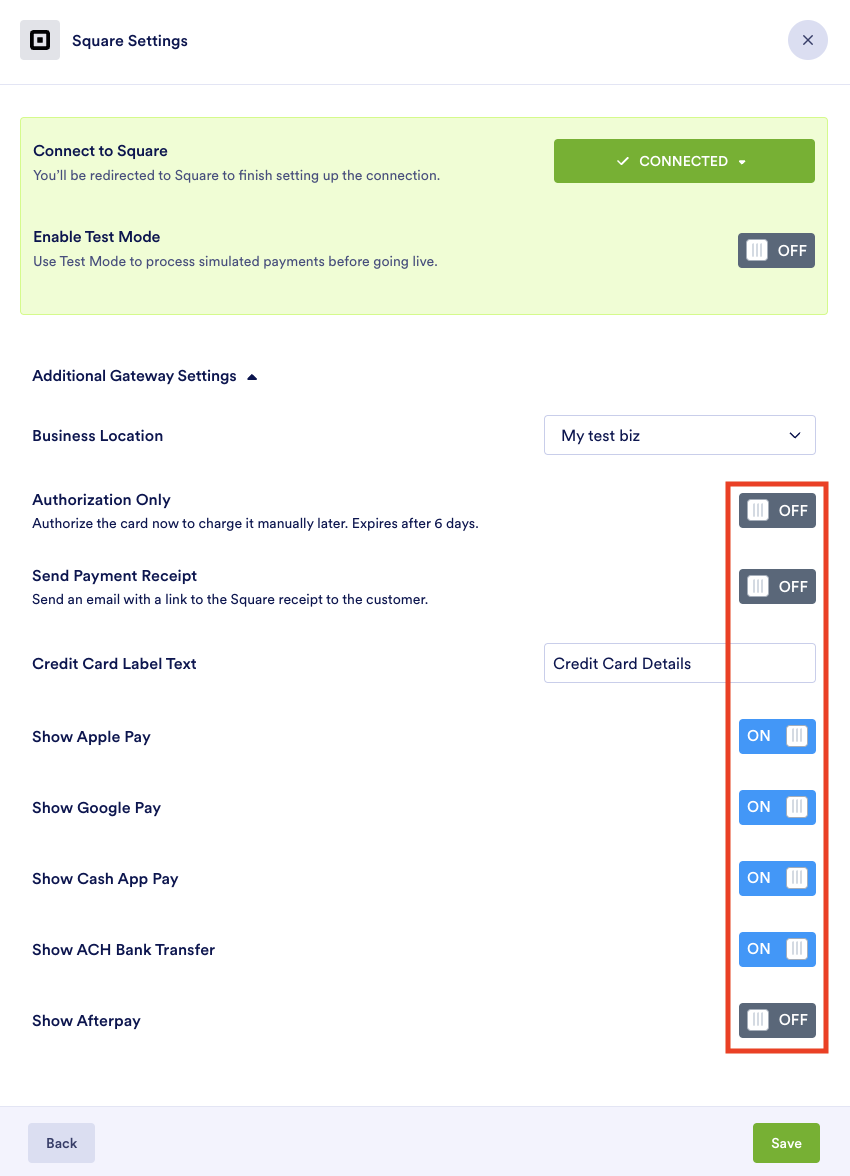 Highlighting the Buttons Under the Square Settings