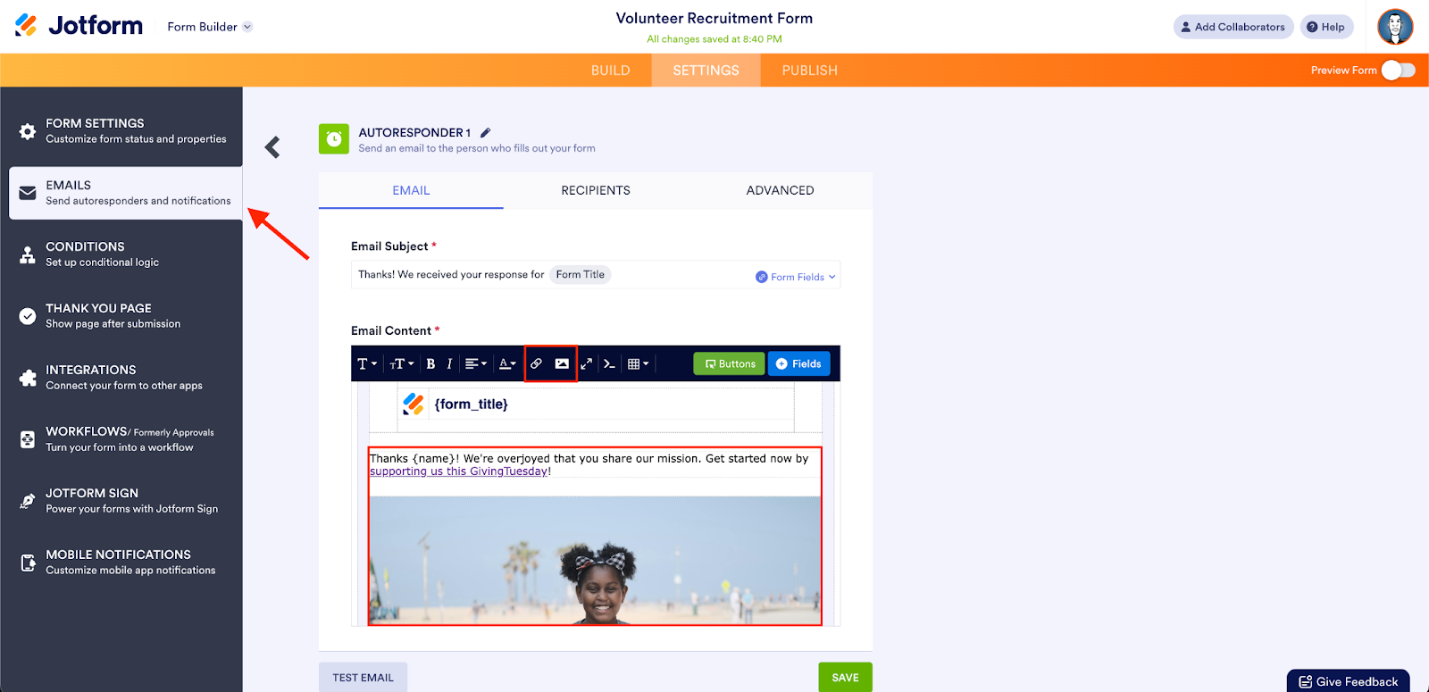 Clicking on the Emails Tab on Jotform Form Builder