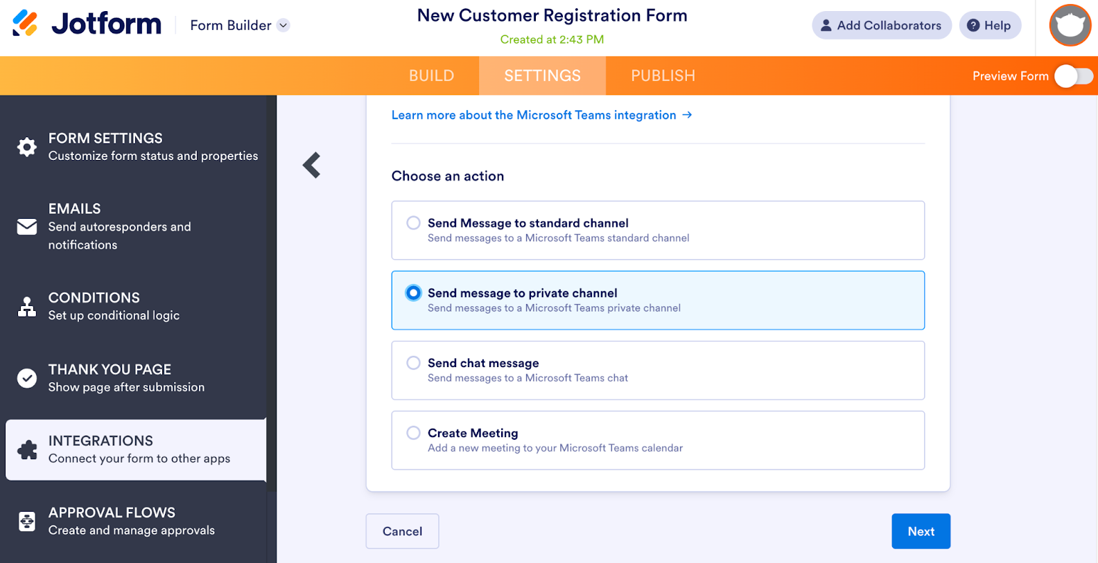 Selecting the "Send message to a private channel" option on Microsoft Teams Integration Settings