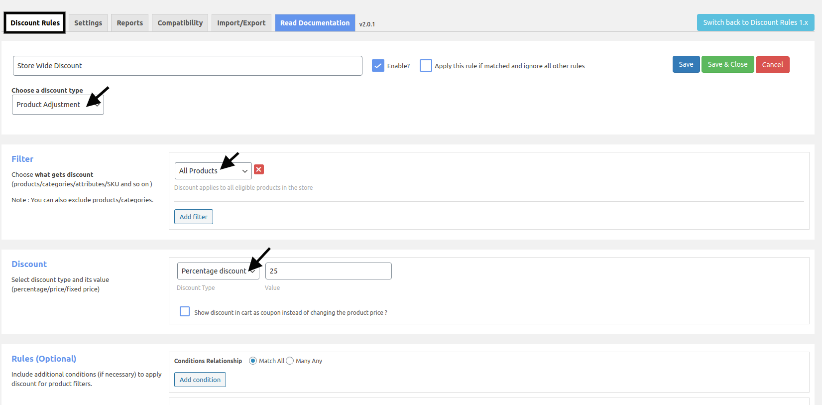 User Interface of Discount Rules Plug-in