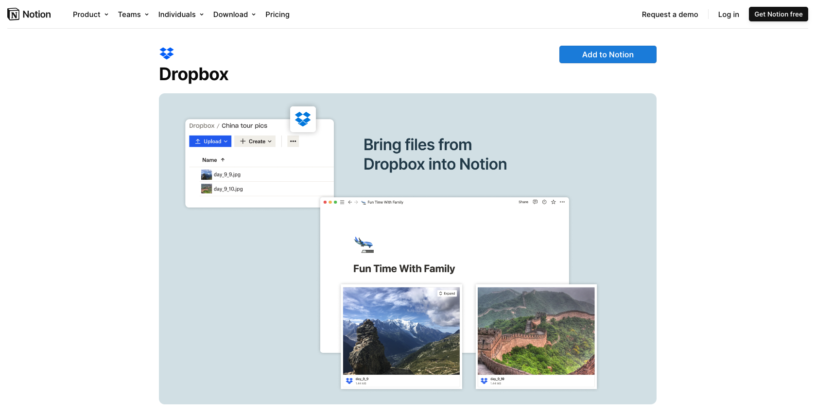 Screenshot of Dropbox integration listing in Notion