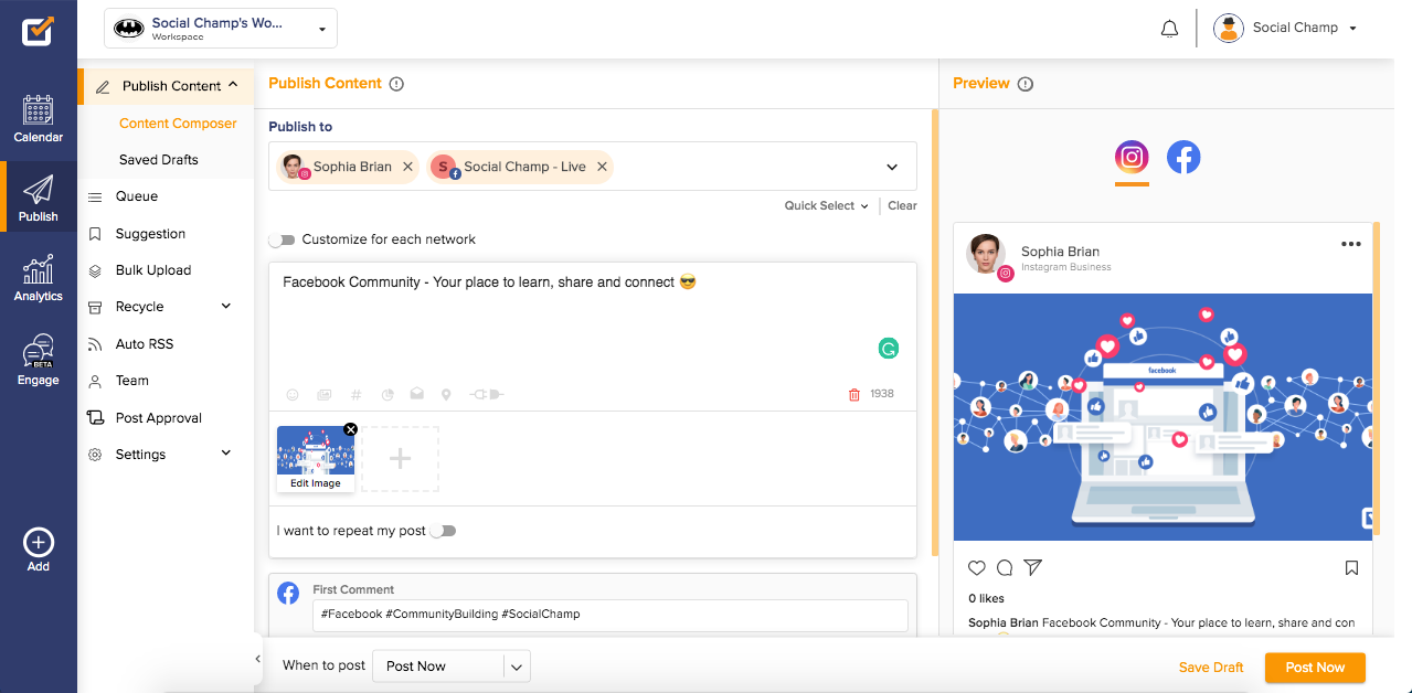 User Interface of Social Champ