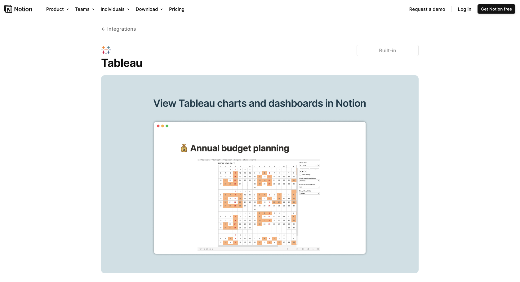 Screenshot of Tableau integration listing in Notion