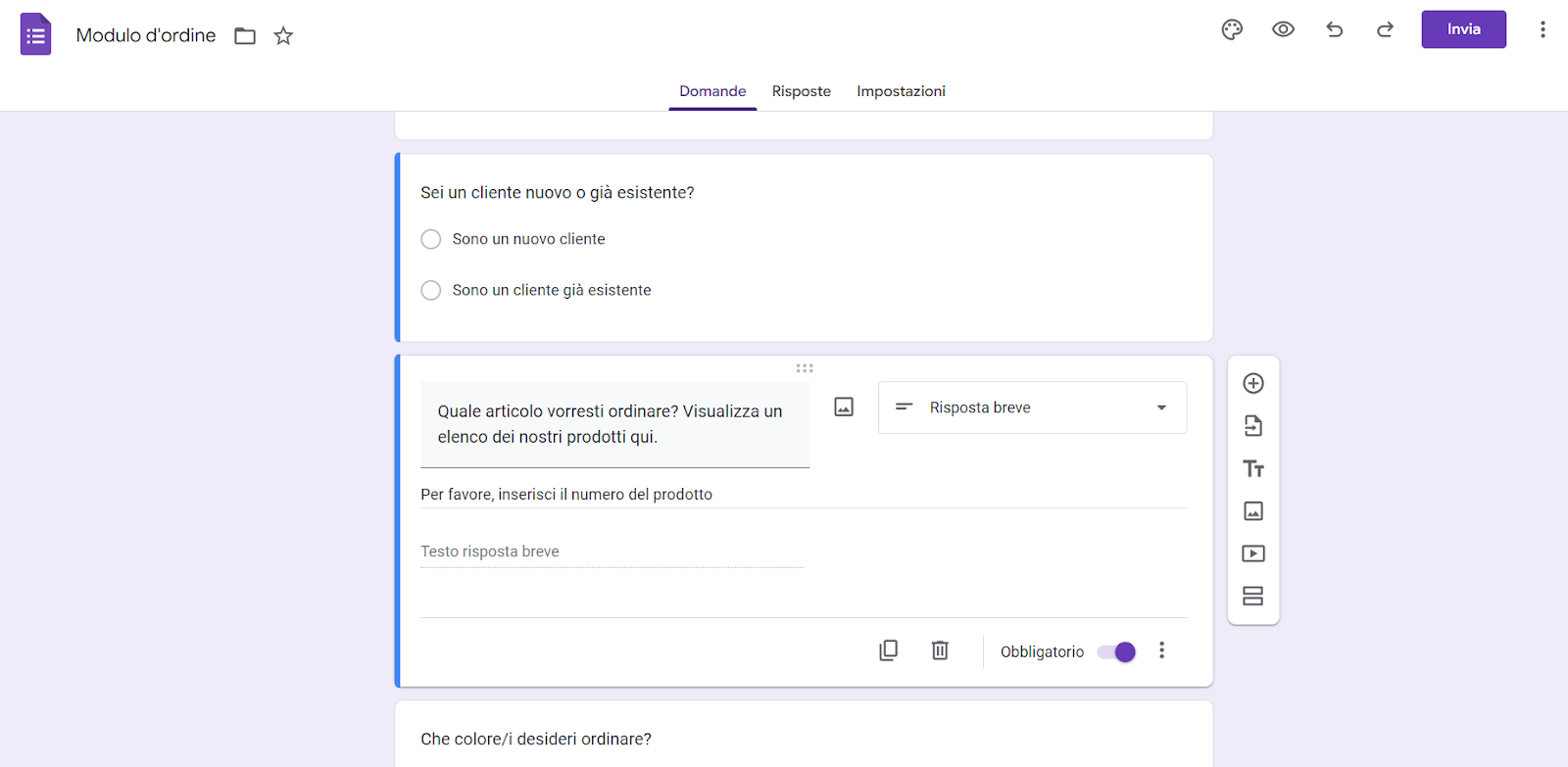 Uno screenshot di un modulo d'ordine nel costruttore di Moduli Google