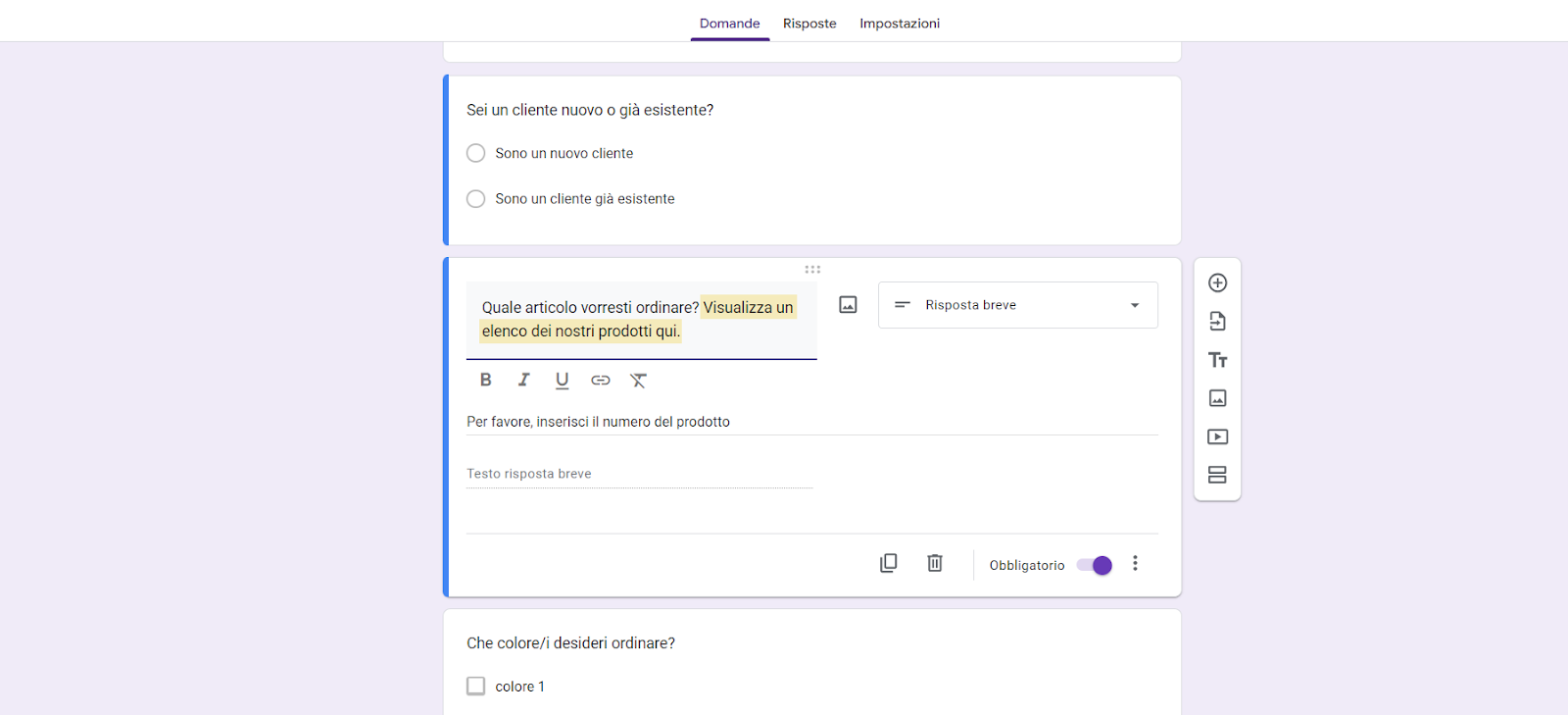 Uno screenshot di un modulo d'ordine con il testo evidenziato nel costruttore di Moduli Google