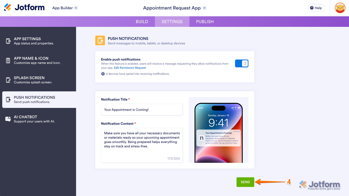 App Builder Push Notifications screen with the Send button clicked to deliver the notification