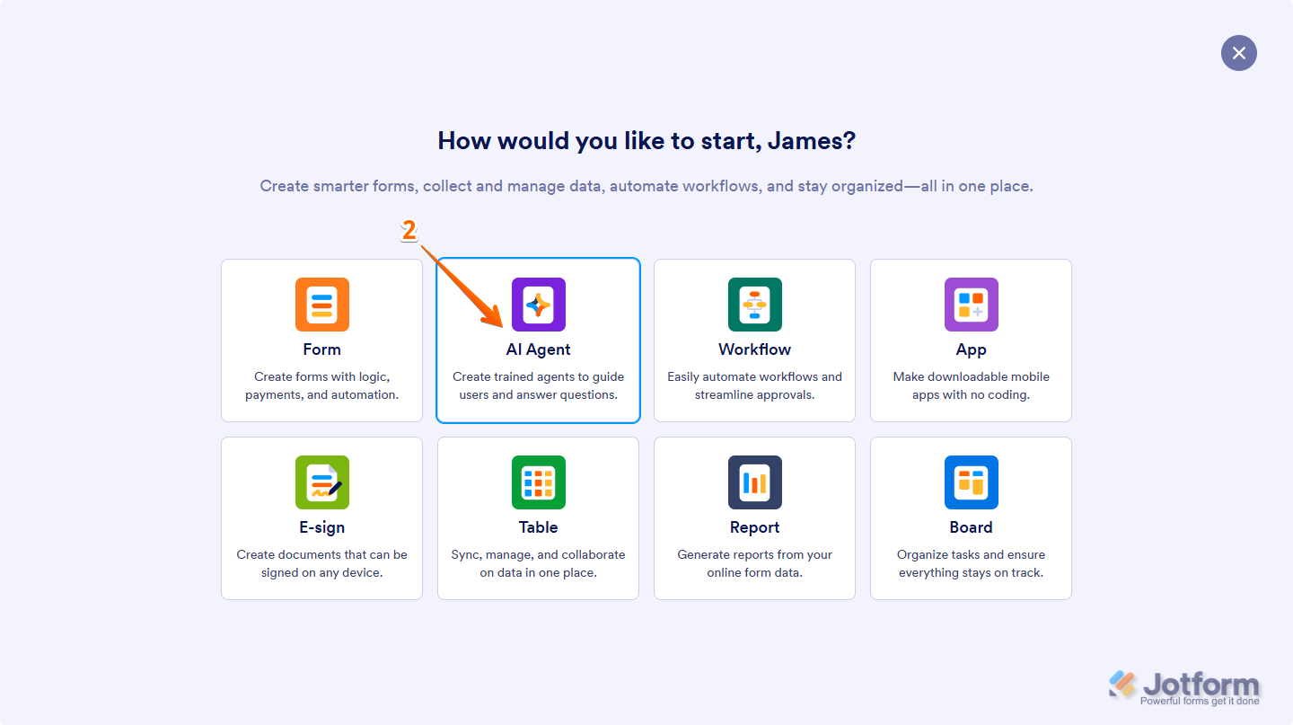 Jotform creation window displaying the AI Agent option for users to start building an automation agent