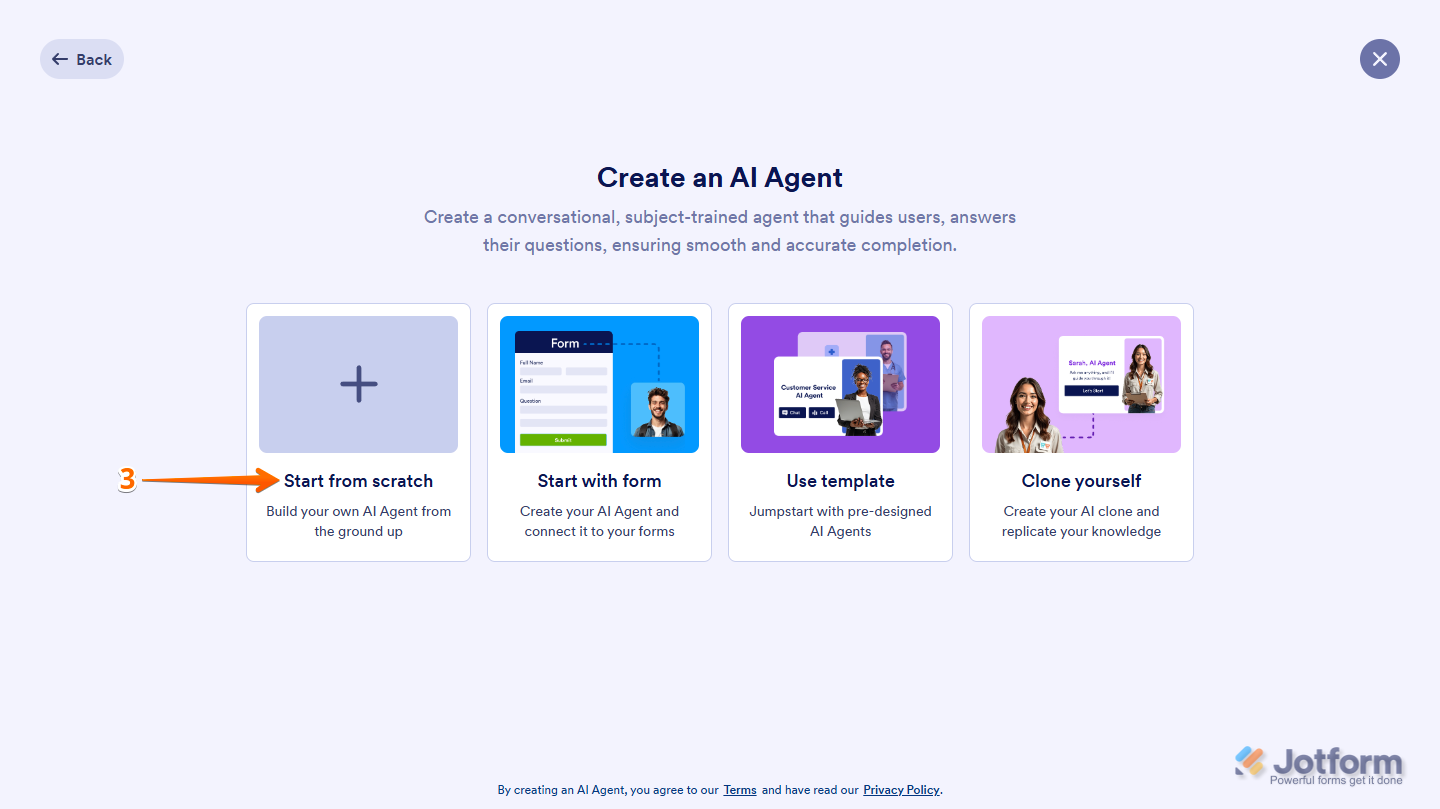 Jotform AI Agent setup window highlighting the Start From Scratch option for creating a new agent from the ground up