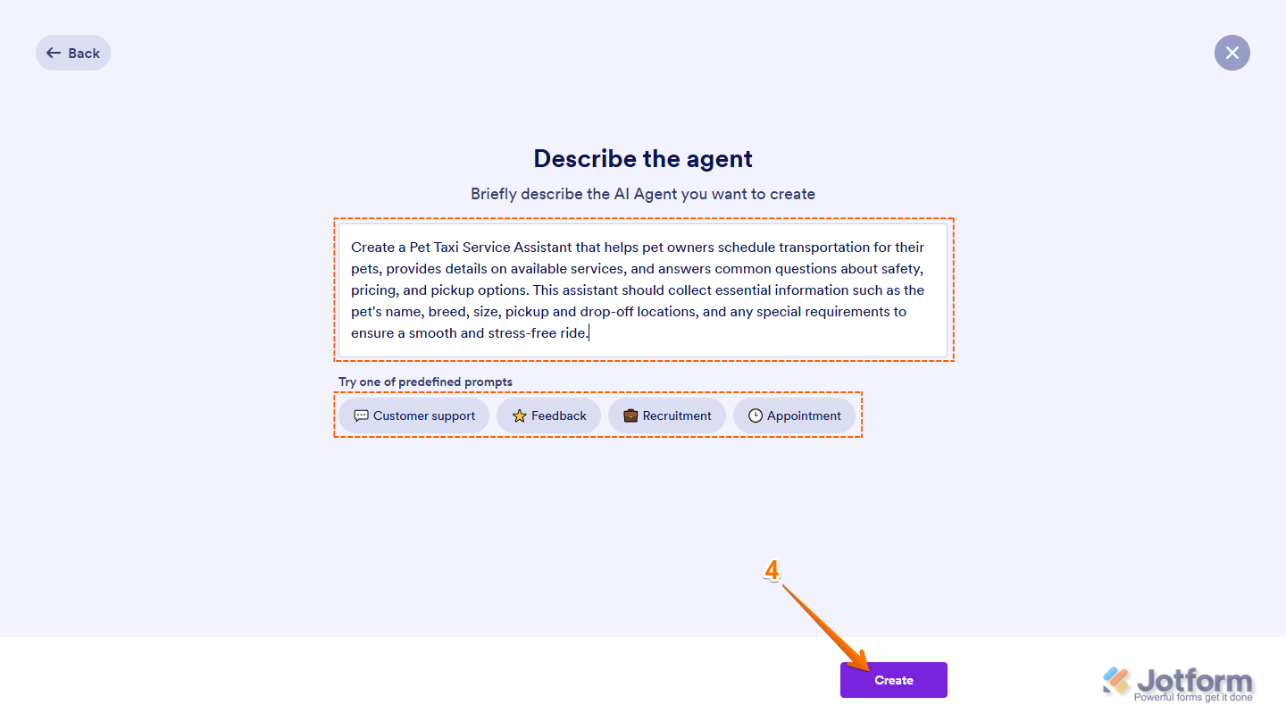 Jotform AI Agent setup page showing the Describe the Agent field with predefined description options and a Create button