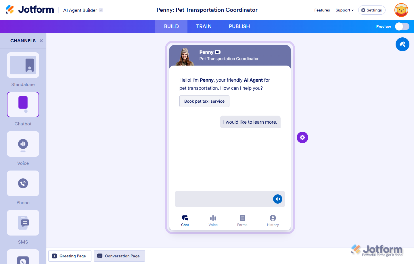 AI Agent Builder page in Jotform displaying customization options after creating an agent from the description provided