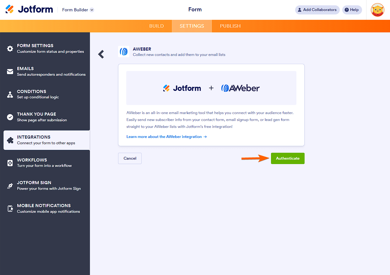 Authenticate button in the AWeber integration in Jotform