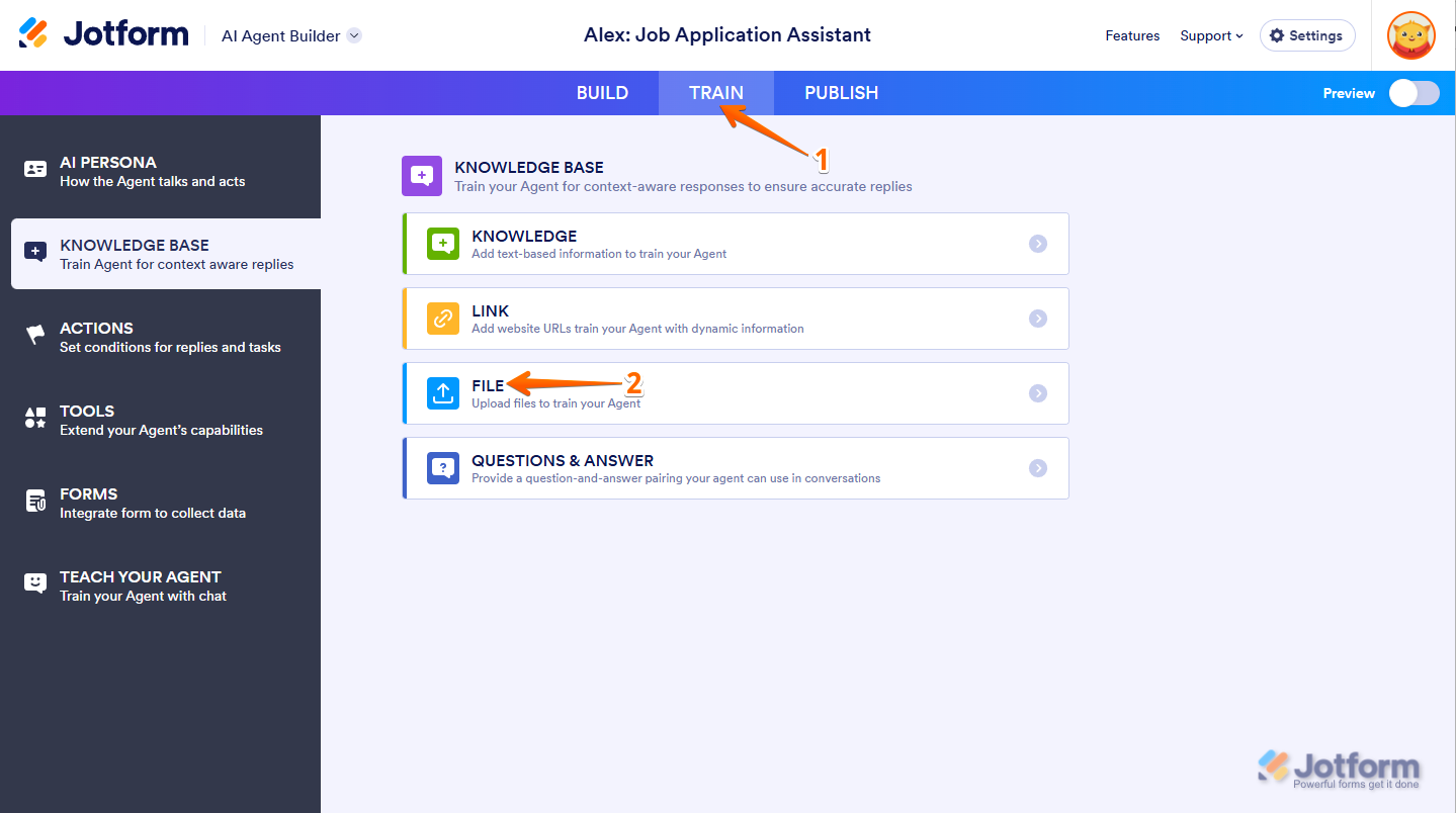 Agent Builder's training section with the 'File' option visible after clicking 'Train' in the top bar in AI Agent Jotform