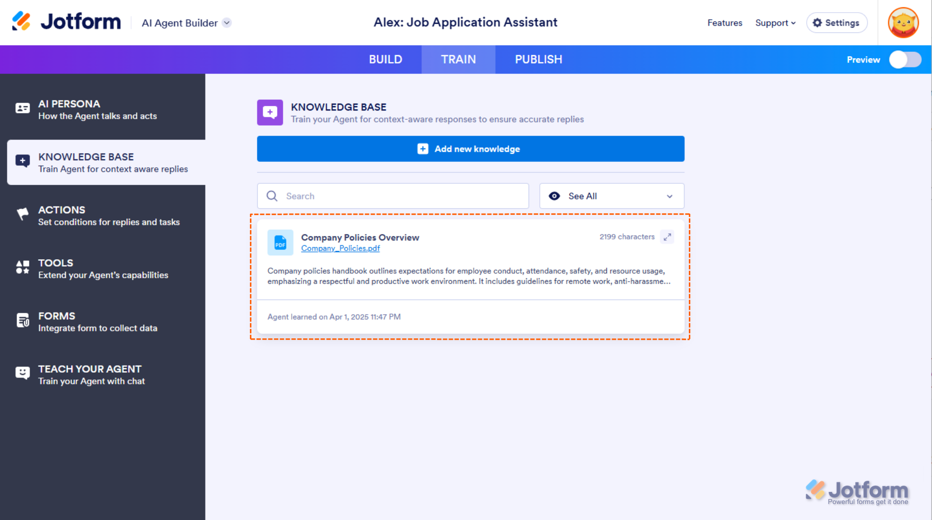 Agent Builder displaying a confirmation that the uploaded information is stored in the Knowledge Base in AI Agent Jotform