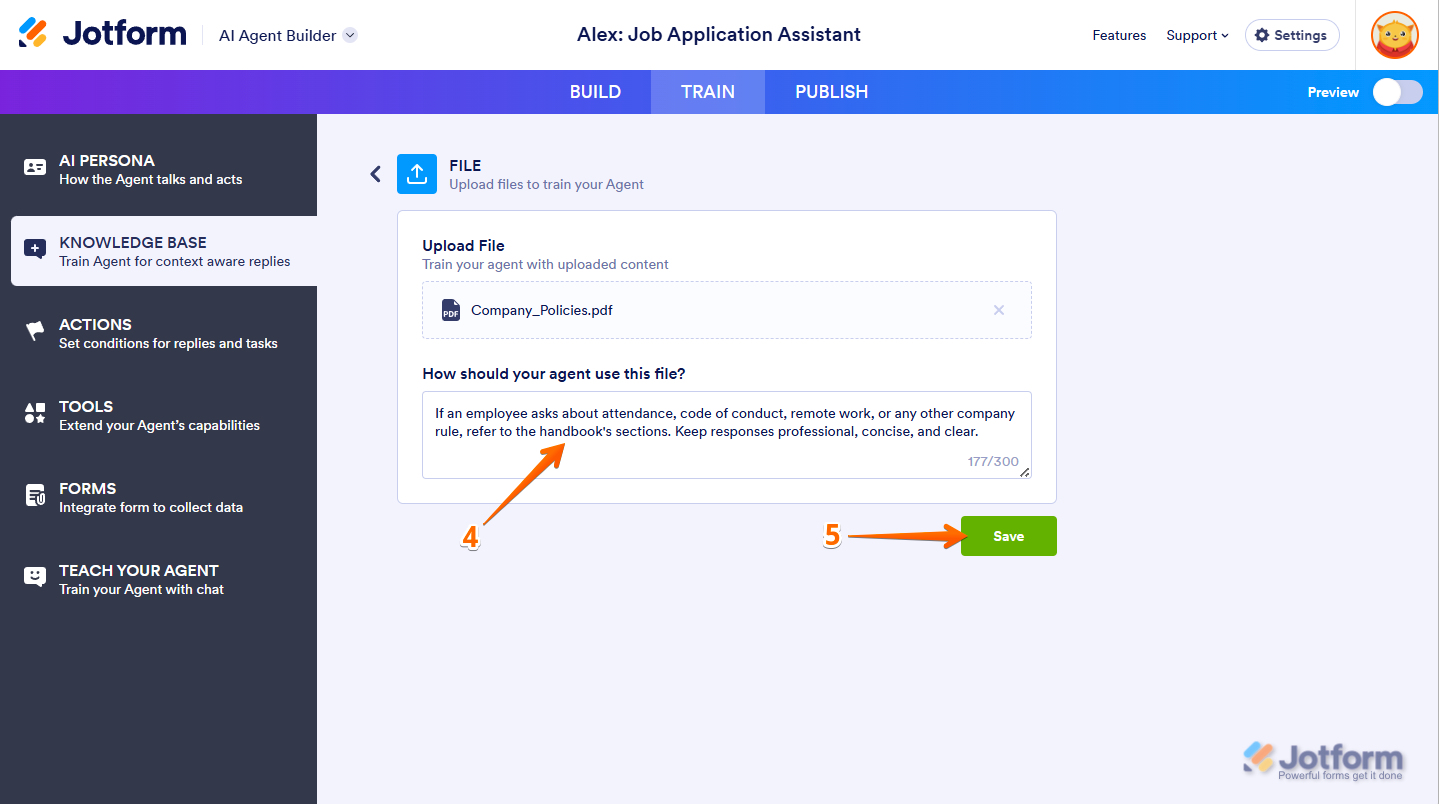 Agent Builder with a text box for entering instructions on how the Agent should process the file and a Save button in AI Agent Jotform