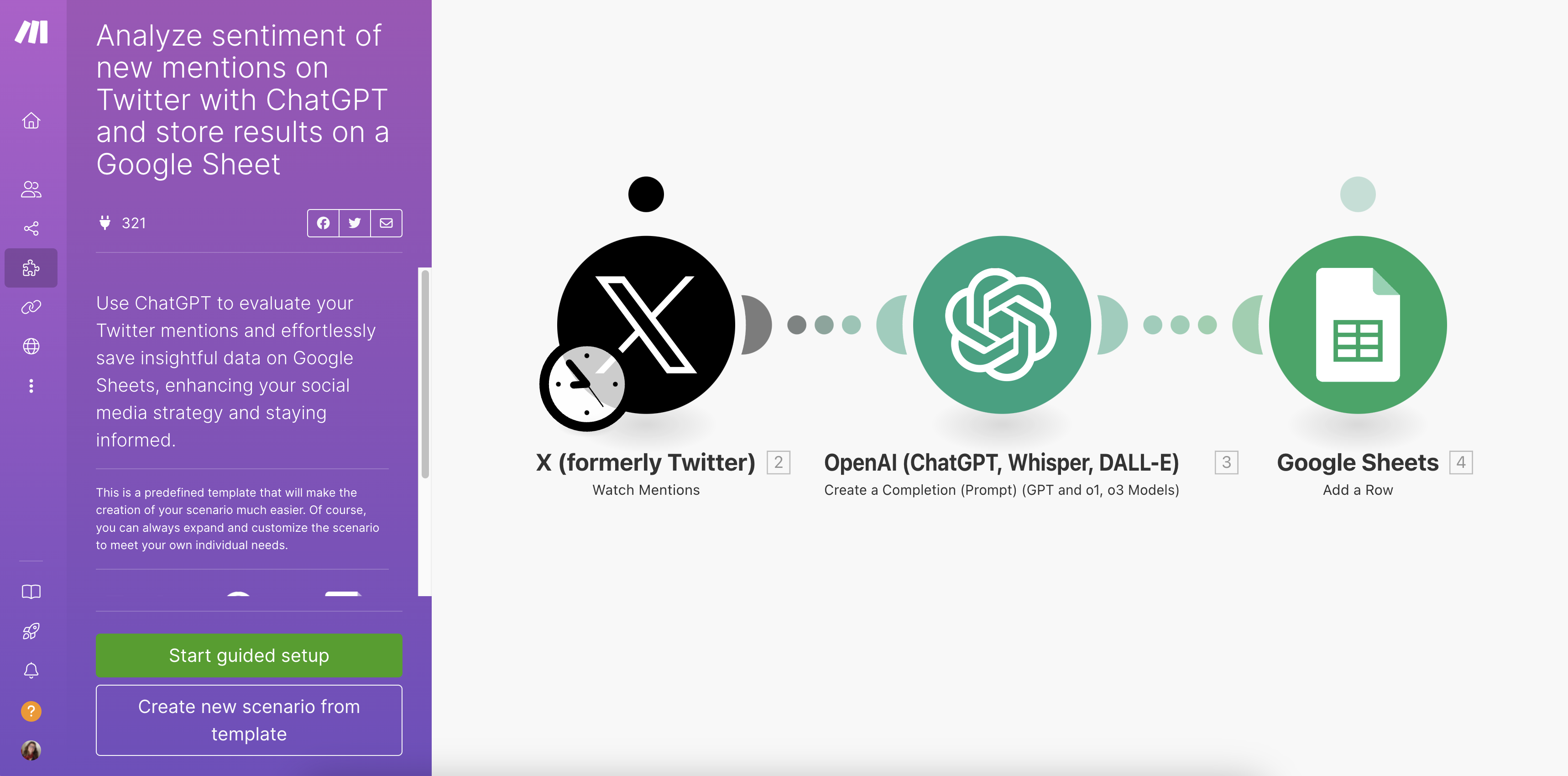 Interfaccia dell’Assistente IA di Make che analizza il Sentiment su X
