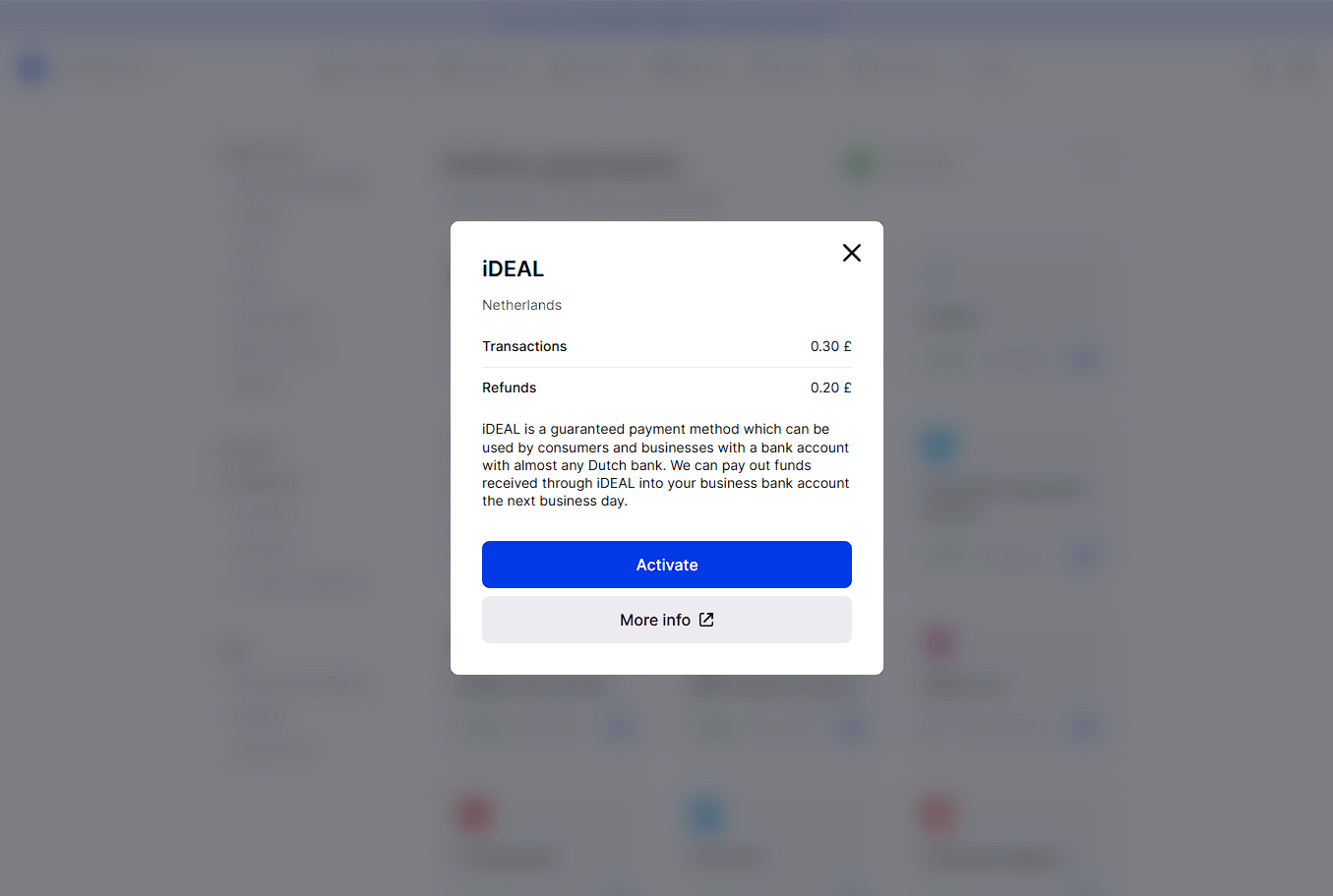 Activate iDEAL payment method in Mollie dashboard settings