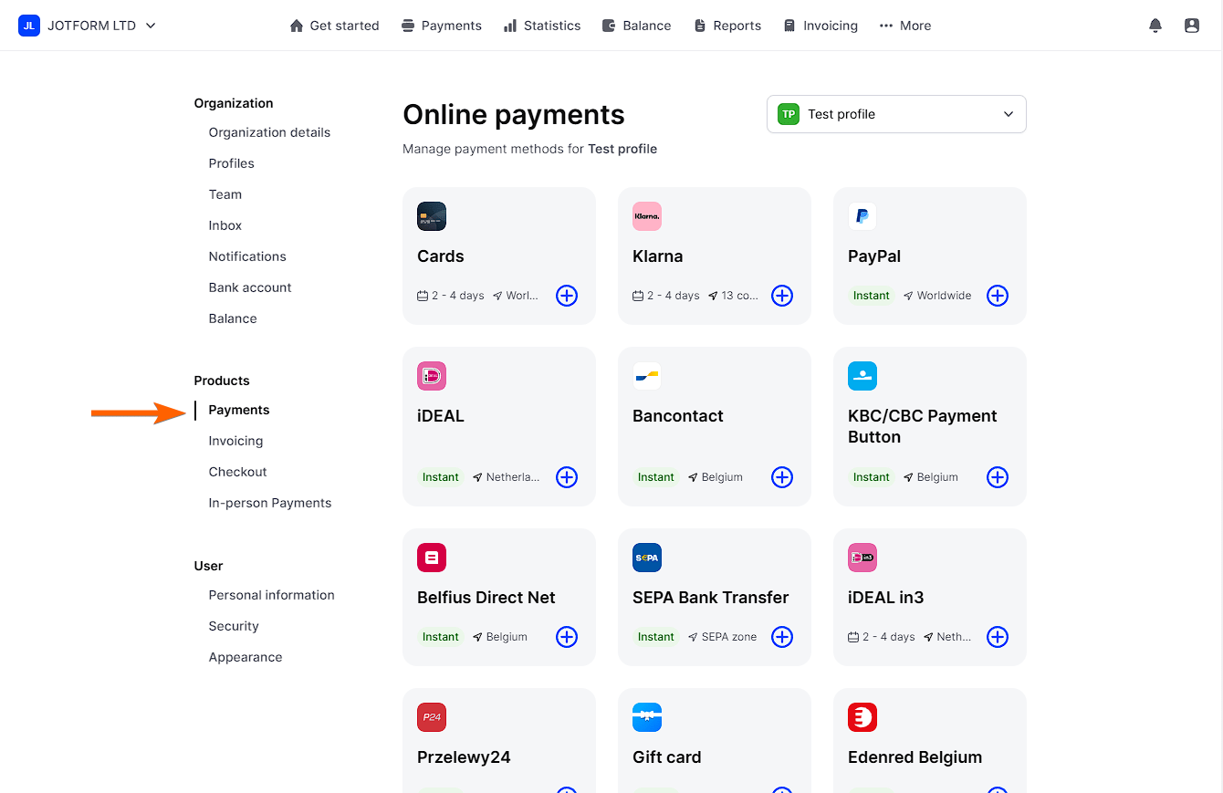 Payments section to activate payment methods in Mollie organization settings