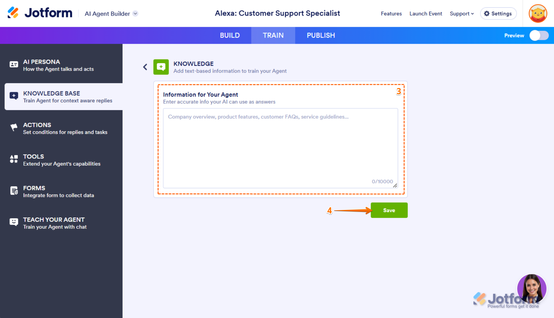 Add Information for Your Agent and Save button in Knowledge option in AI Agent Jotform