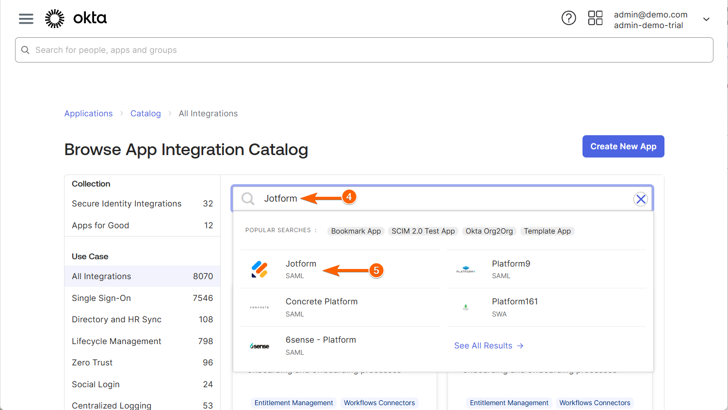 Jotform result in Okta App Catalog
