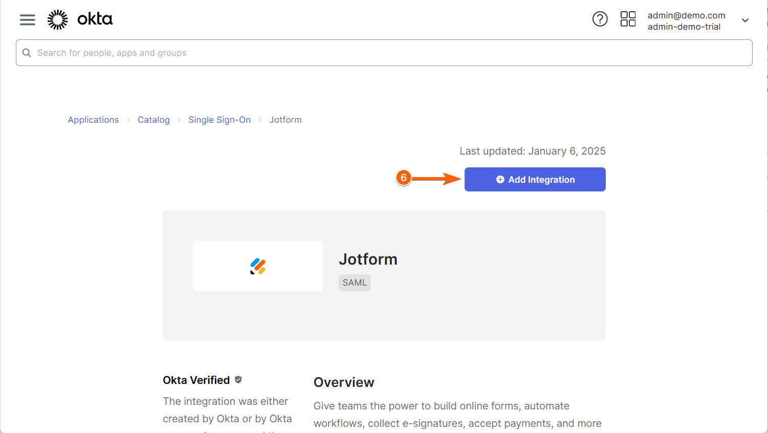 Add Integration button in Jotform Application from Okta