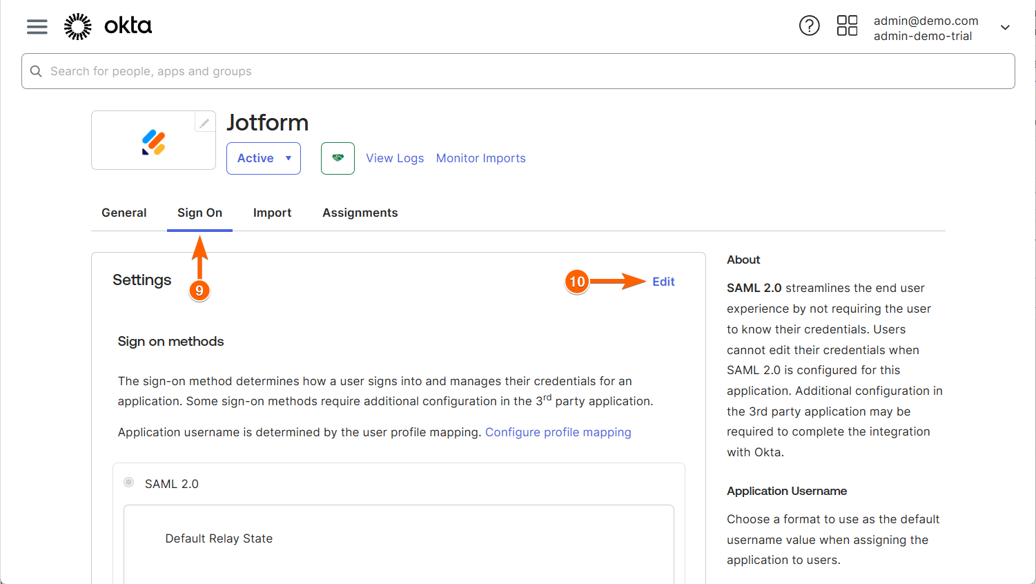 Edit Settings in the Sign On tab of the Jotform Application