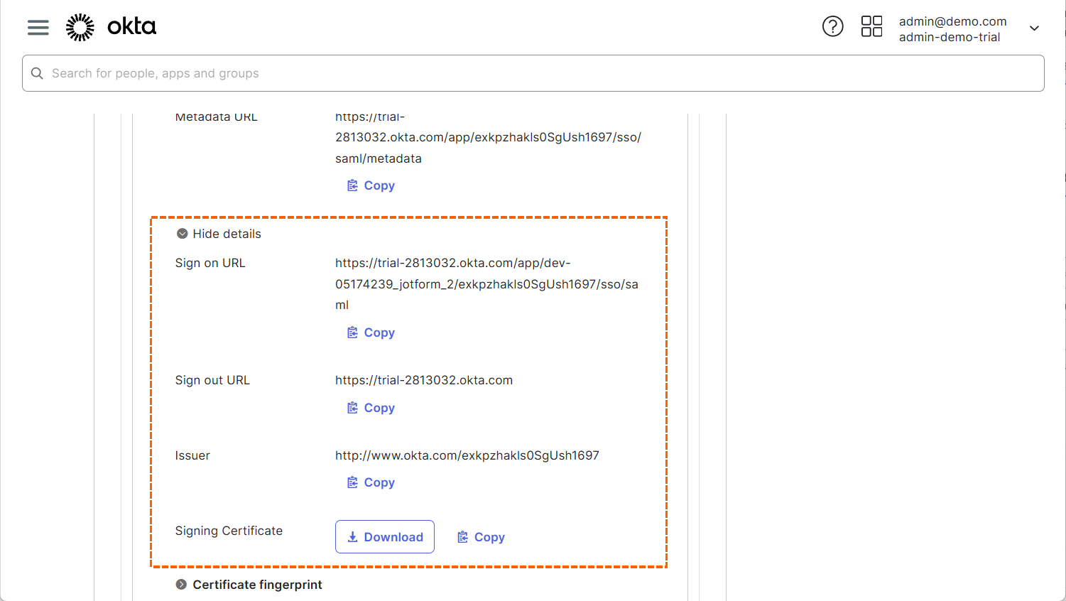 Metadata details of the Jotform Application in Okta
