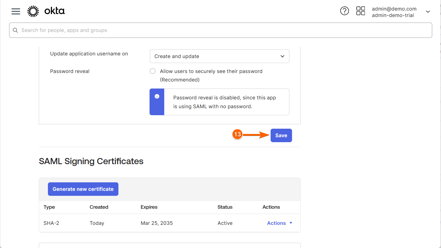 Save app settings in Okta