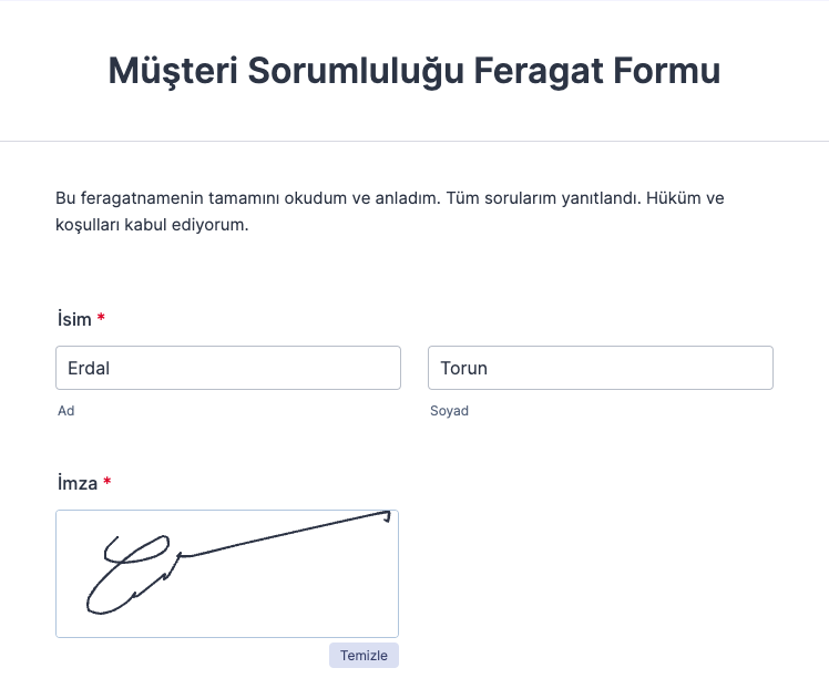 Müşteri Sorumluluğu Feragat Formu