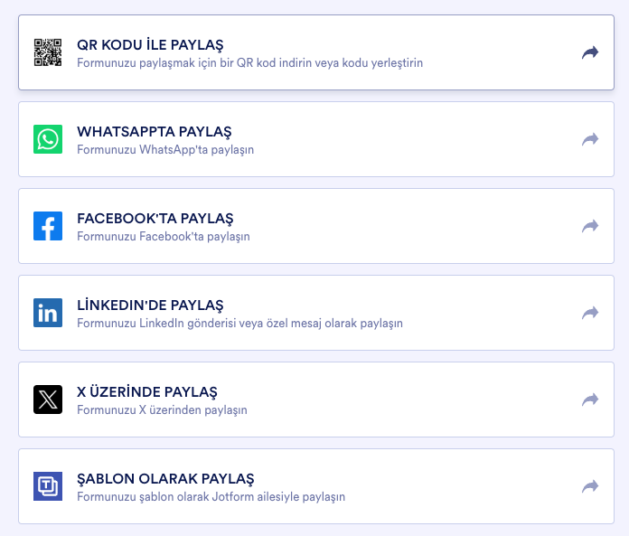 Jotform Form Oluşturucu'da Paylaş Seçenekleri