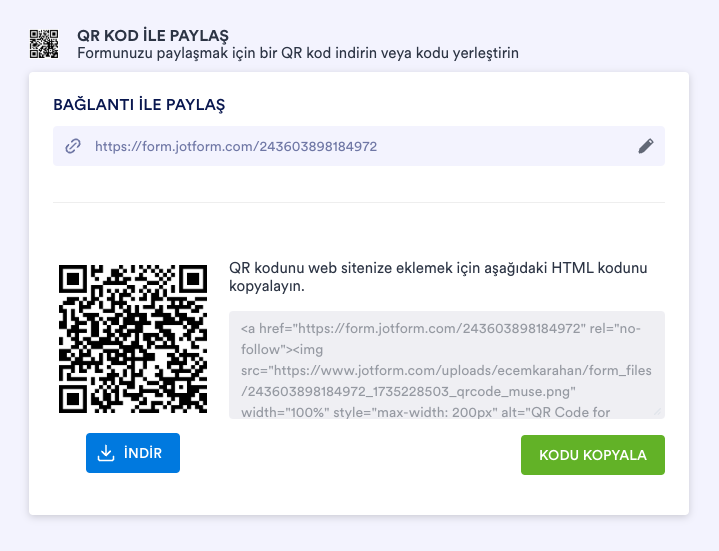 Jotform Form Oluşturucu'da QR Kod ile Paylaş Alanı